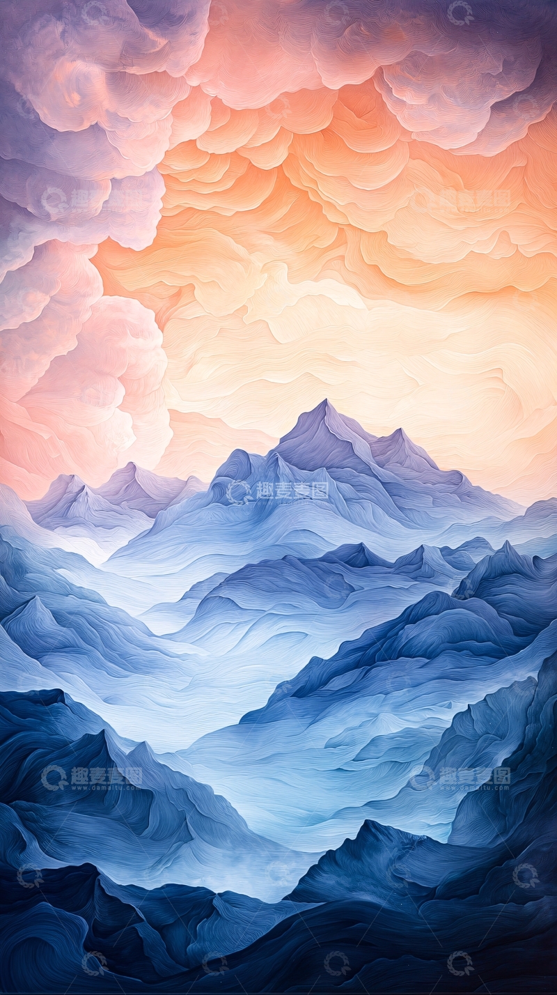 高清大图下载【趣麦麦图】水彩山峰云朵天空