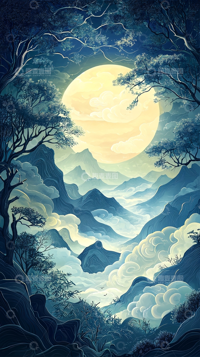 高清大图下载【趣麦麦图】月夜山水高清图片
