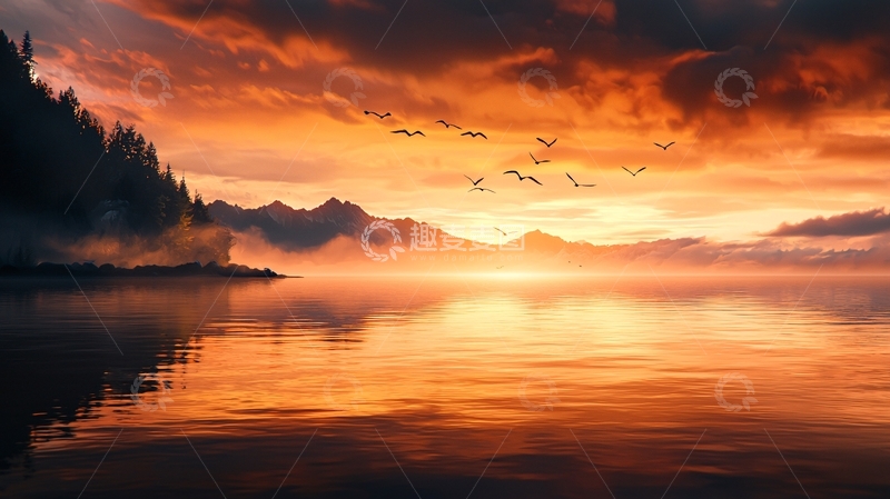 高清大图下载【趣麦麦图】湖面橙色日落飞鸟剪影