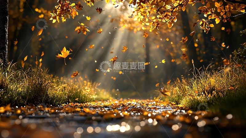 高清大图下载【趣麦麦图】金色光芒下的秋叶森林