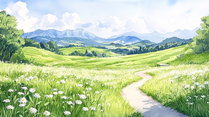 高清大图下载【趣麦麦图】绿草地上的小路通向远山