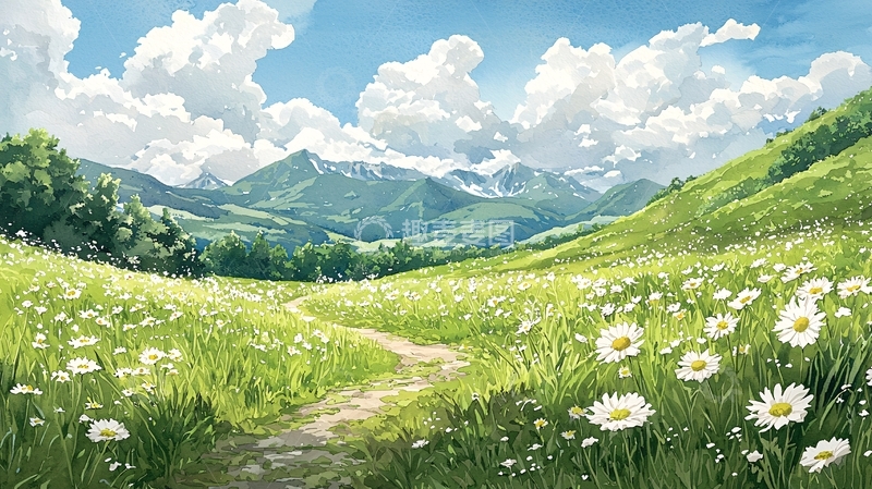 绿草鲜花山脉蓝天白云