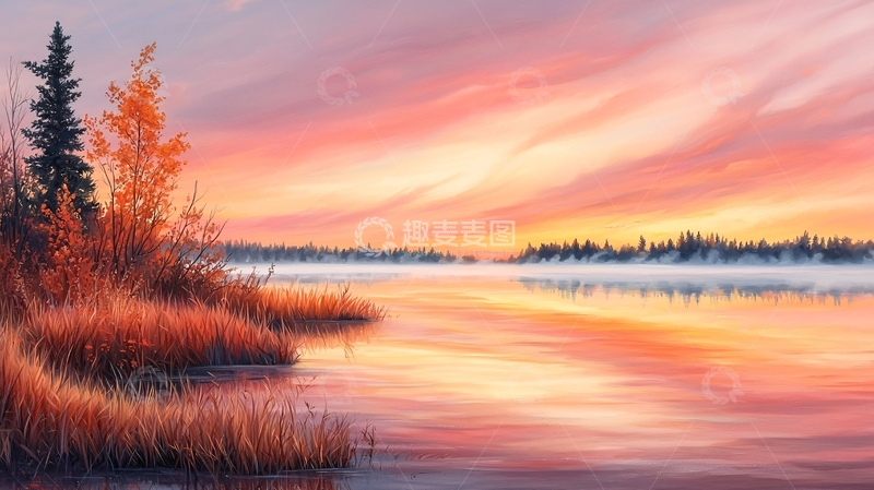 高清大图下载【趣麦麦图】湖边日落的宁静景色