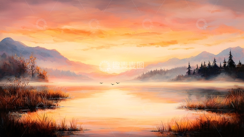 高清大图下载【趣麦麦图】湖面平静的日出景色