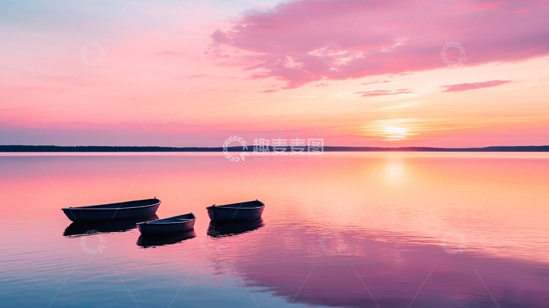 高清大图下载【趣麦麦图】宁静湖面粉色日落