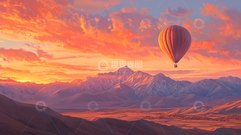 高清大图下载【趣麦麦图】热气球飞越山脉的日落景色