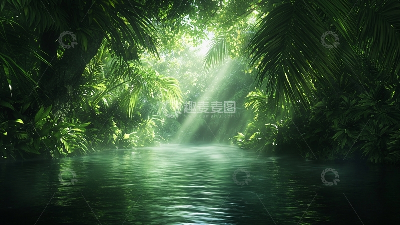 高清大图下载【趣麦麦图】阳光穿透热带雨林的水面