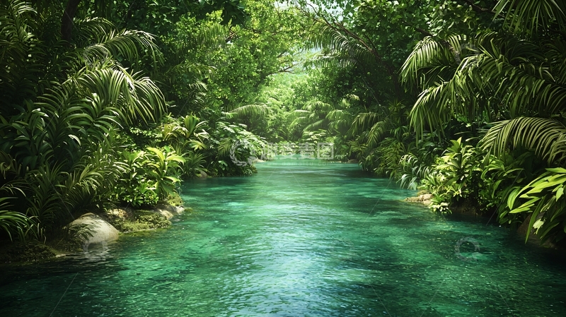 高清大图下载【趣麦麦图】茂密丛林间的清澈河流