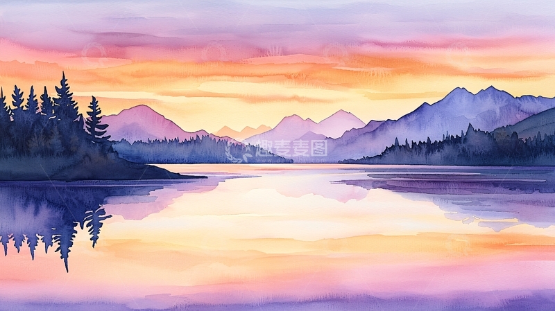 高清大图下载【趣麦麦图】水彩山水日落湖面平静