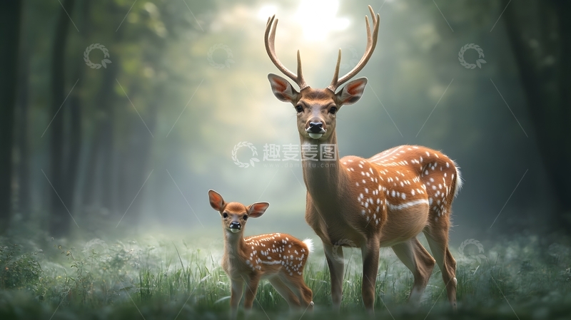 晨雾森林梅花鹿亲子图