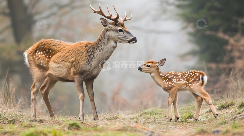 雾中森林梅花鹿亲子图