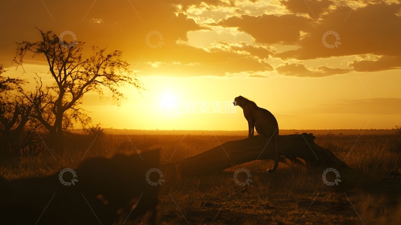 高清大图下载【趣麦麦图】黄昏草原猎豹生态剪影图