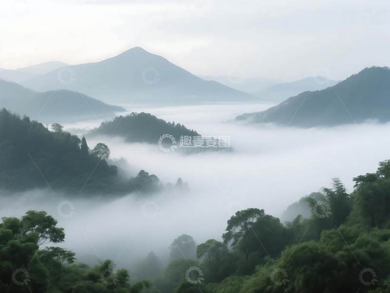 高清大图下载【趣麦麦图】山间晨雾缭绕的静谧风光