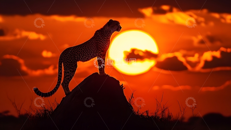 高清大图下载【趣麦麦图】夕阳下猎豹远眺剪影图