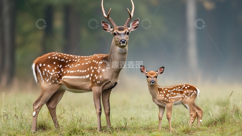 清晨森林梅花鹿亲子图1