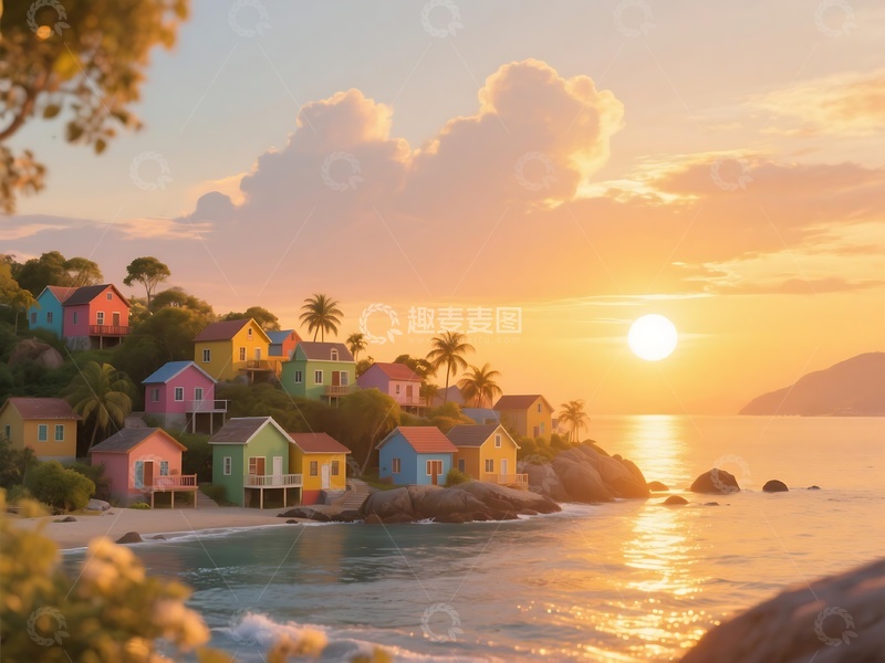 高清大图下载【趣麦麦图】海滨小镇夕阳西下温馨画面