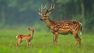 森林草地梅花鹿亲子图