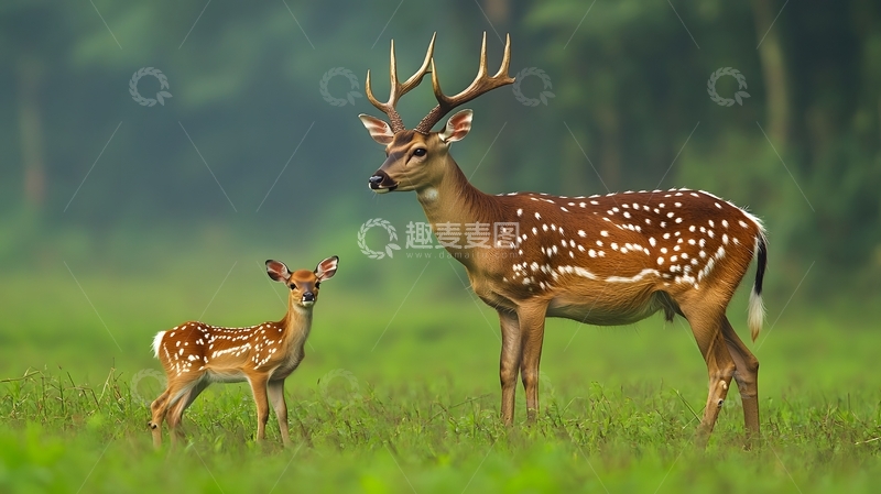 森林草地梅花鹿亲子图