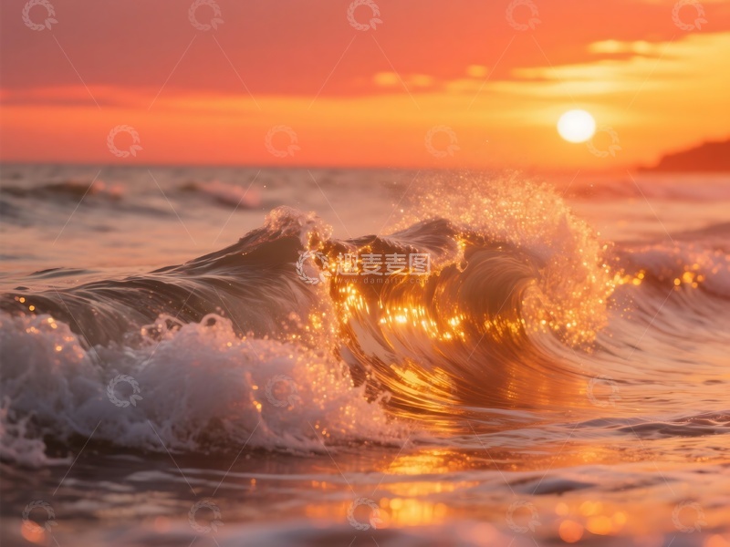 高清大图下载【趣麦麦图】夕阳下海浪闪耀金光的场景