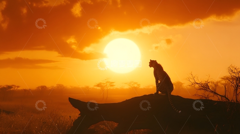 高清大图下载【趣麦麦图】夕阳草原猎豹剪影图