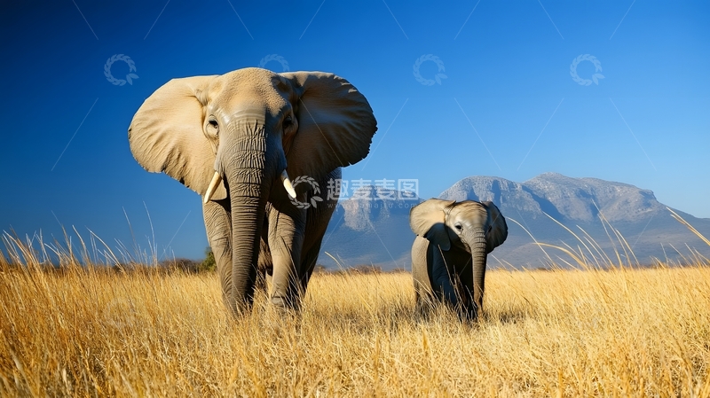 高清大图下载【趣麦麦图】蓝天下草原大象亲子图