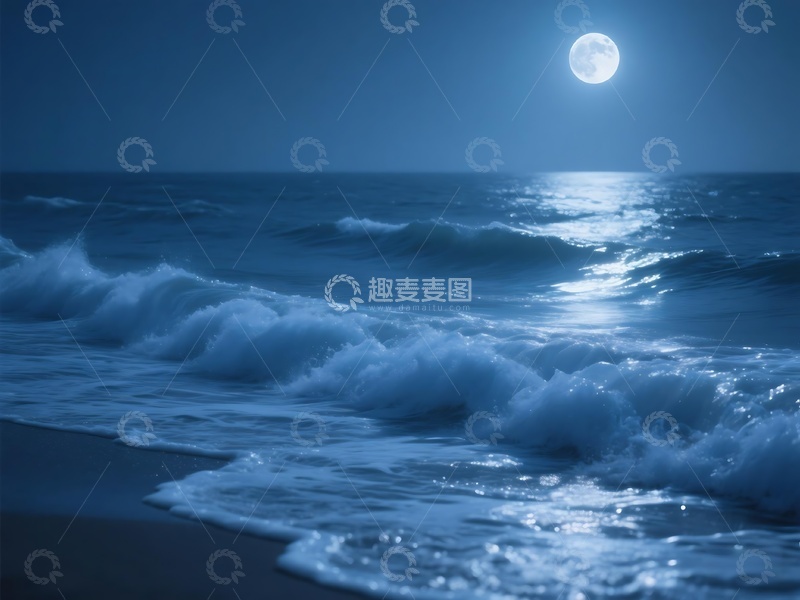 高清大图下载【趣麦麦图】月夜海浪轻拍海岸的动态画面