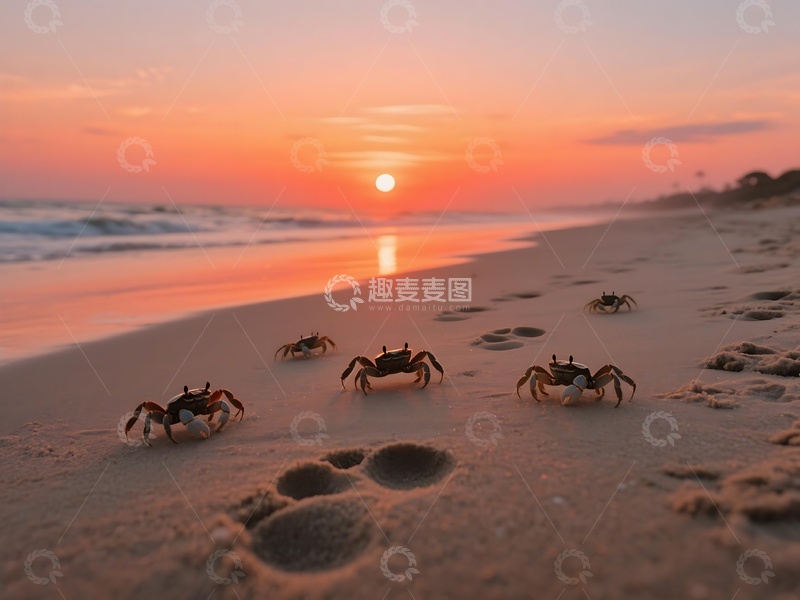 高清大图下载【趣麦麦图】沙滩夕阳下的螃蟹足迹景象