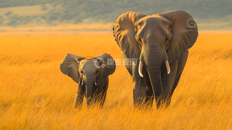 高清大图下载【趣麦麦图】金色草原大象亲子图
