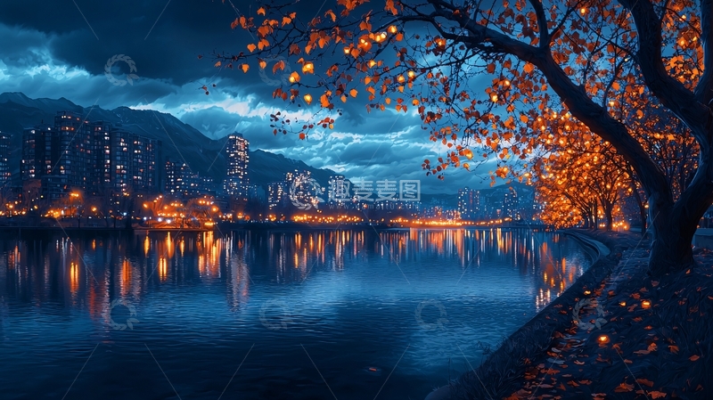 高清大图下载【趣麦麦图】夜幕下的城市湖畔风景