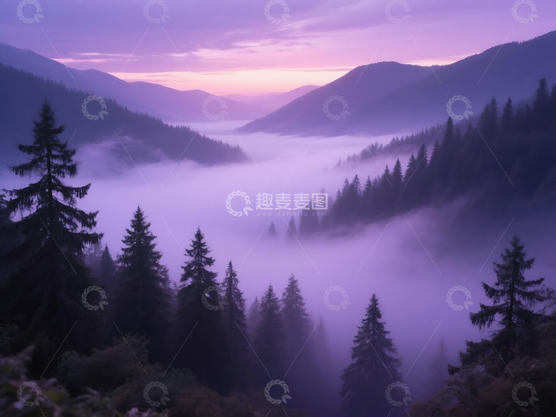 高清大图下载【趣麦麦图】山林间紫色霞光笼罩之景