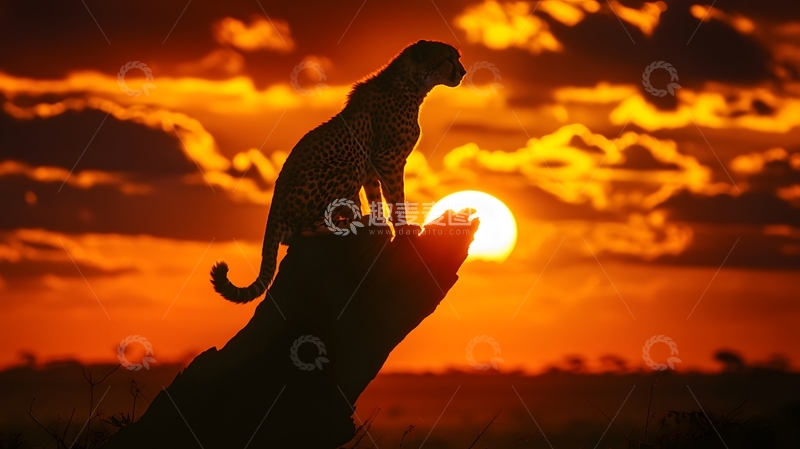 高清大图下载【趣麦麦图】火烧云下猎豹剪影图