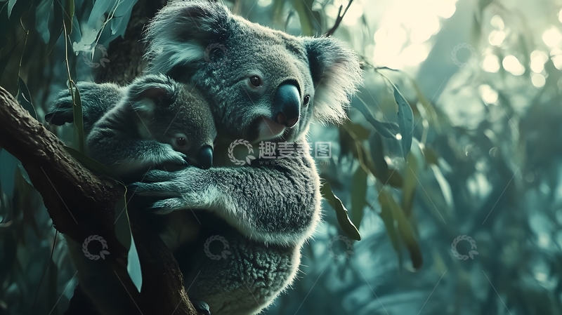 高清大图下载【趣麦麦图】树林中考拉母子依偎图