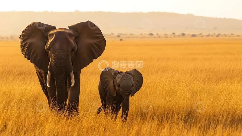 高清大图下载【趣麦麦图】黄昏草原大象亲子图