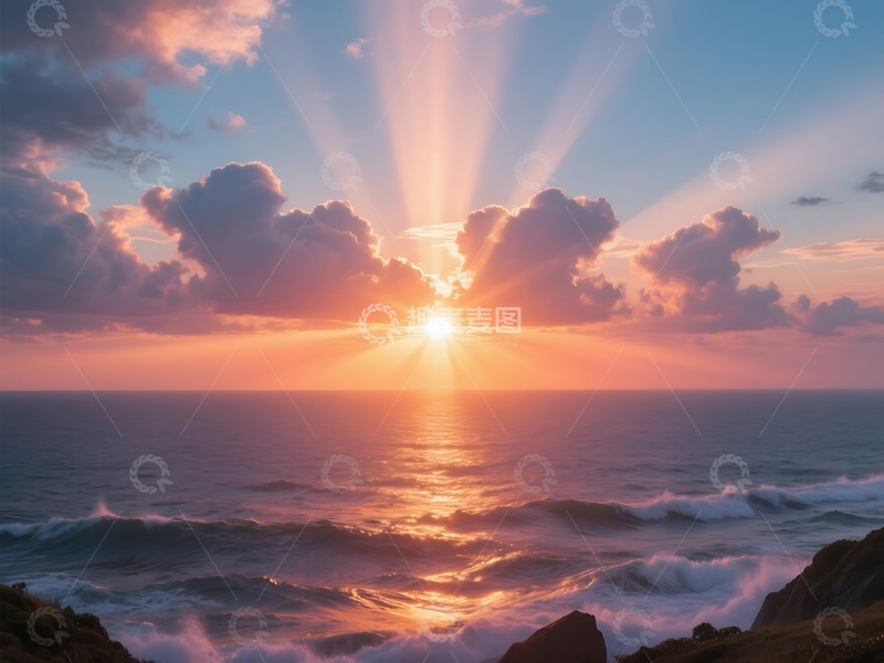 高清大图下载【趣麦麦图】海岸日出阳光照耀礁石画面