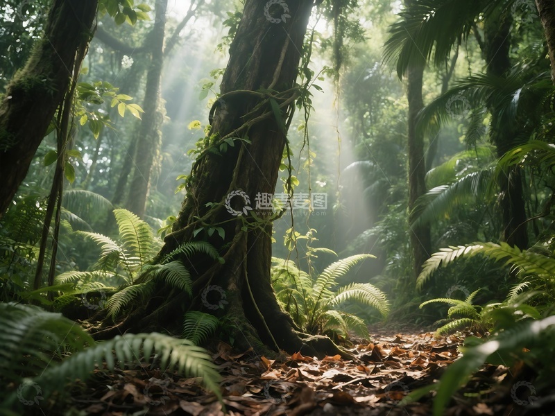 高清大图下载【趣麦麦图】阳光穿透的茂密雨林光影场景