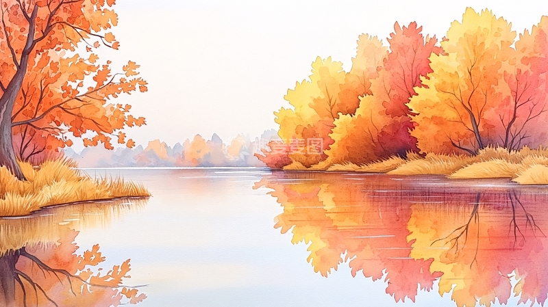 高清大图下载【趣麦麦图】秋日湖边金色树木倒影