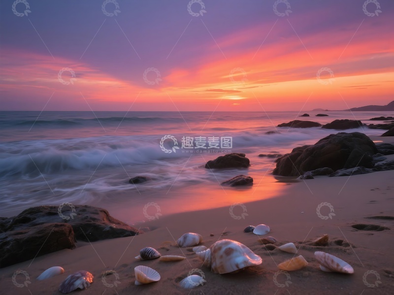 高清大图下载【趣麦麦图】黄昏时海岸礁石与余晖景观