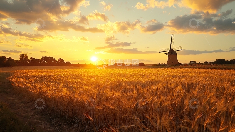 高清大图下载【趣麦麦图】金色麦田的日落风景