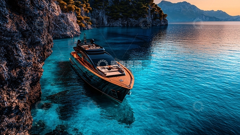 高清大图下载【趣麦麦图】豪华游艇停靠在清澈海湾