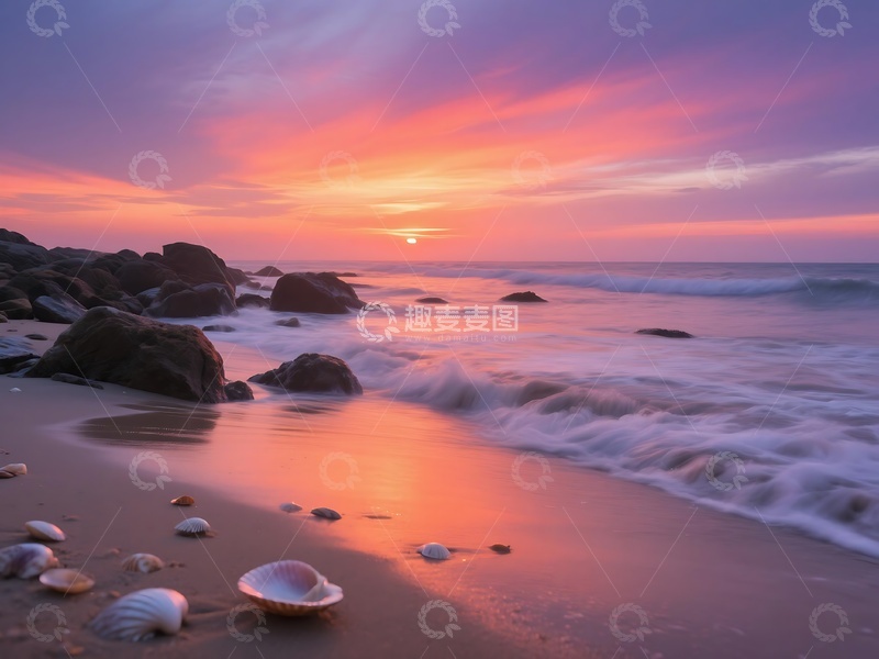 高清大图下载【趣麦麦图】夕阳下海滩礁石与贝壳景致