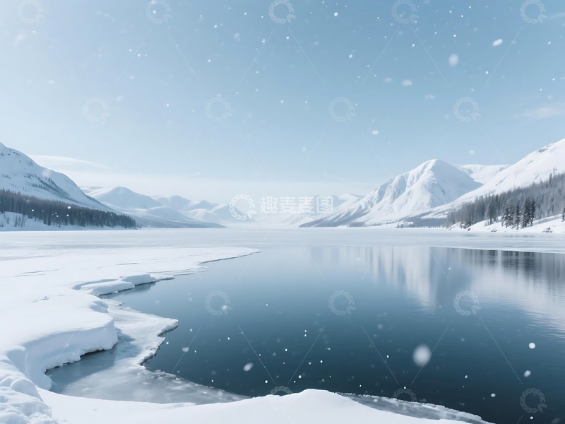 高清大图下载【趣麦麦图】雪后湖泊与雪山的宁静冬景