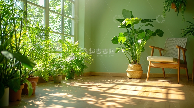 高清大图下载【趣麦麦图】阳光透过窗户洒满绿植的房间