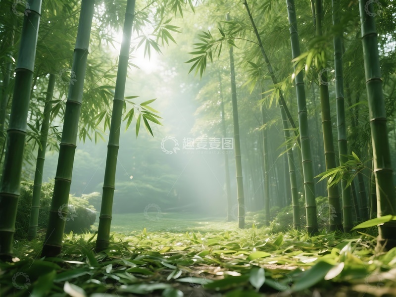 高清大图下载【趣麦麦图】阳光穿透晨雾的竹林风光