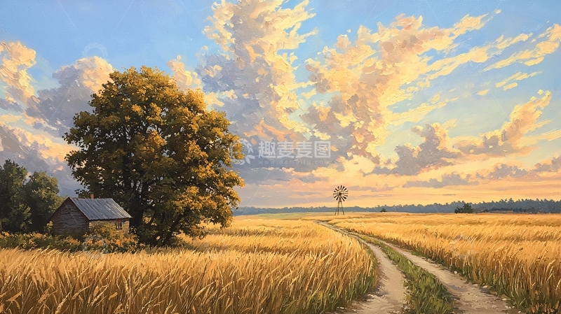 高清大图下载【趣麦麦图】金黄麦田小屋蓝天白云