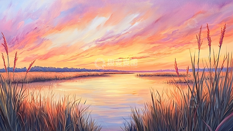 高清大图下载【趣麦麦图】金色湖面日落美景