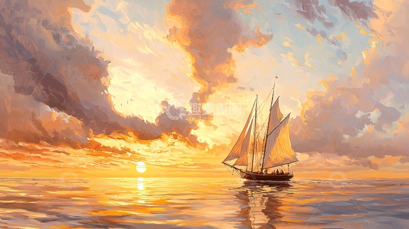 高清大图下载【趣麦麦图】金色日落下的帆船