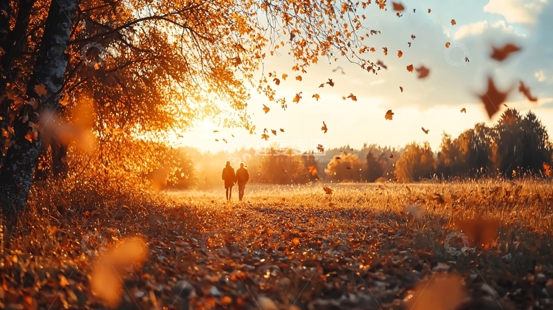 高清大图下载【趣麦麦图】秋日情侣漫步金黄落叶