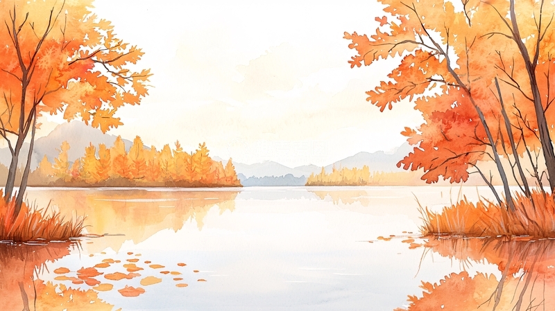 高清大图下载【趣麦麦图】秋日湖畔树木水彩画