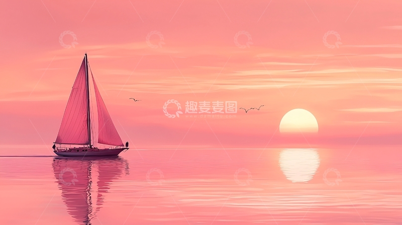 高清大图下载【趣麦麦图】粉色帆船日落海景