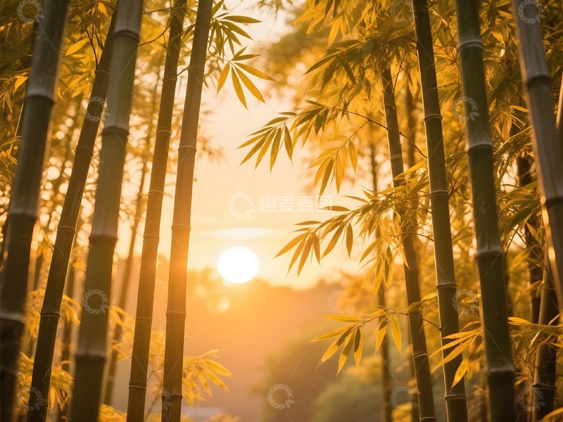 高清大图下载【趣麦麦图】日出时分阳光洒入竹林景致